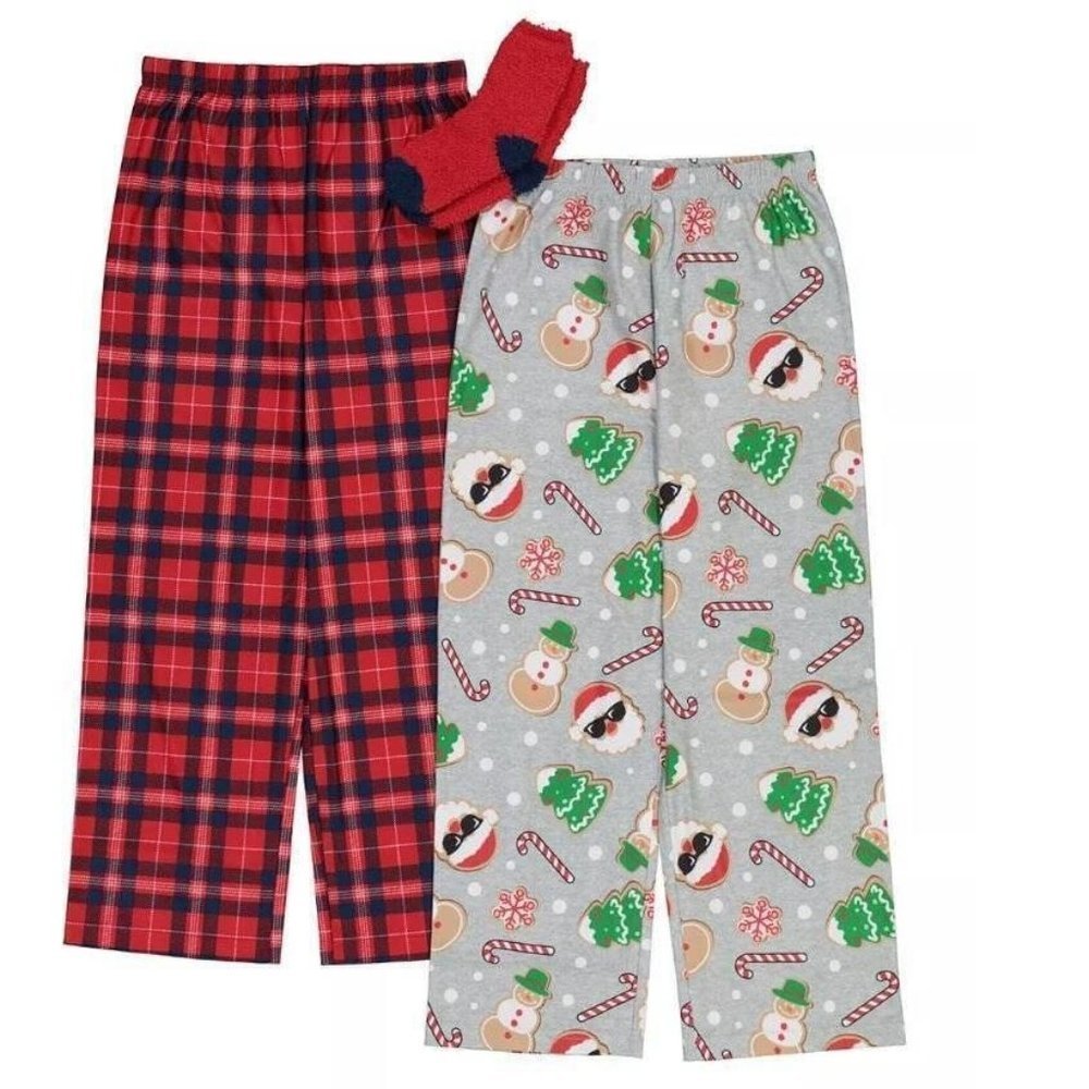 Boys Christmas Pajamas 10/12 Santa Snowman Gray Red Lounge Pants & Socks 3 Pc